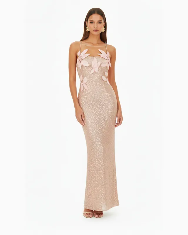 Araminta Sequined Gown with Floral Details - Blush Pink made by JW PEI