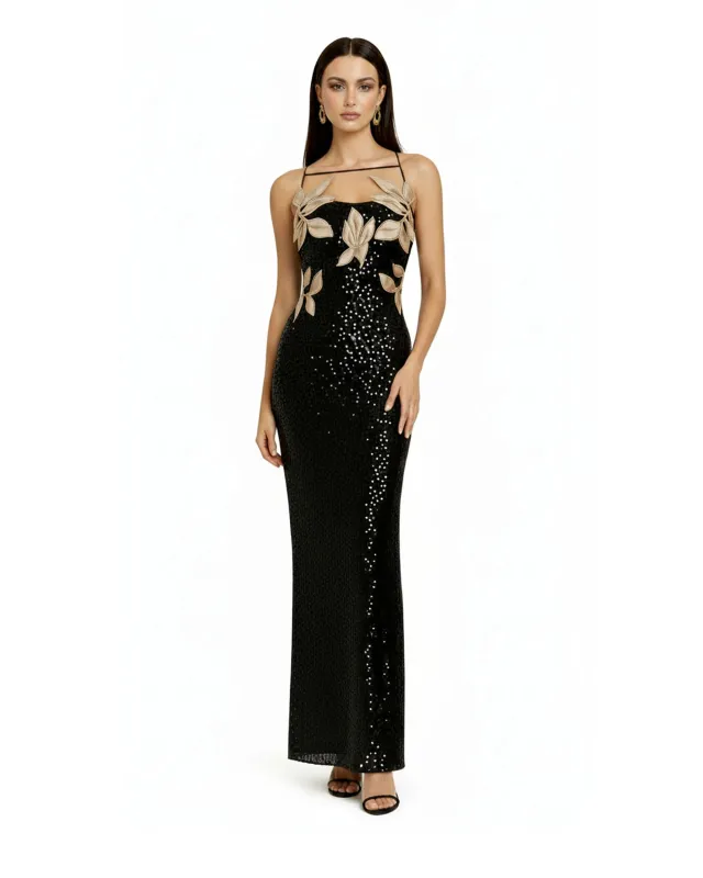 Araminta Sequined Gown with Floral Details - Black/Gold made by JW PEI