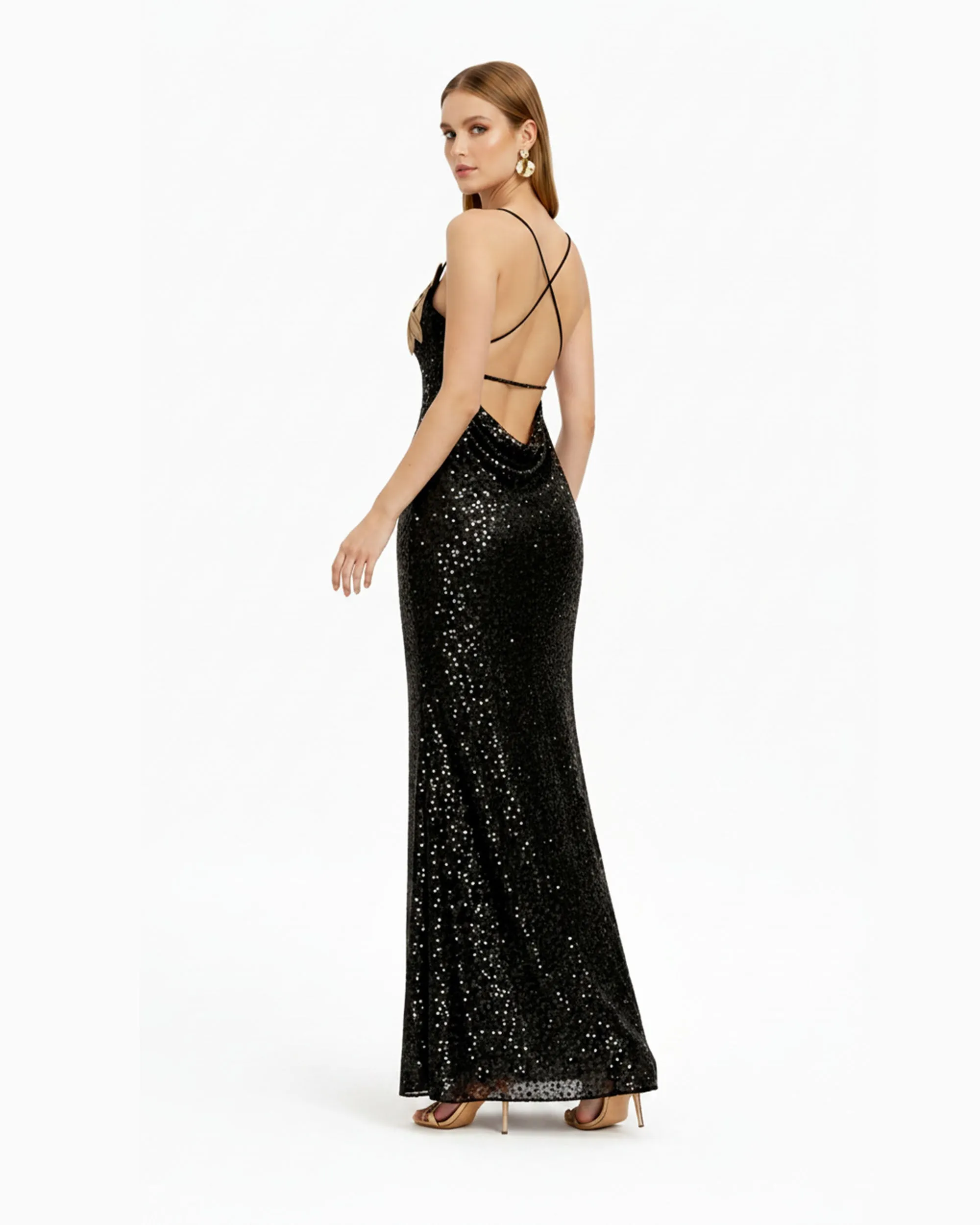 Araminta Sequined Gown with Floral Details - Black/Gold sold by JW PEI product image thumbnail 2