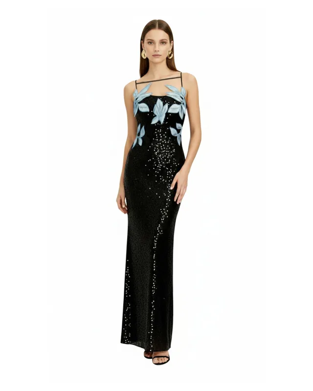 Araminta Sequined Gown with Floral Details - Black/Blue made by JW PEI