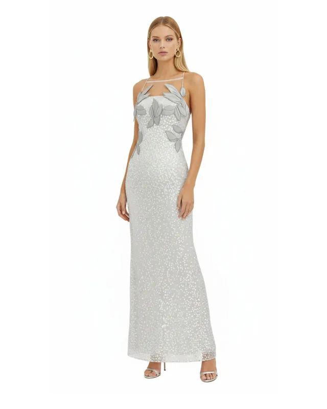 Araminta Sequined Gown with Floral Details - White/Silver made by JW PEI
