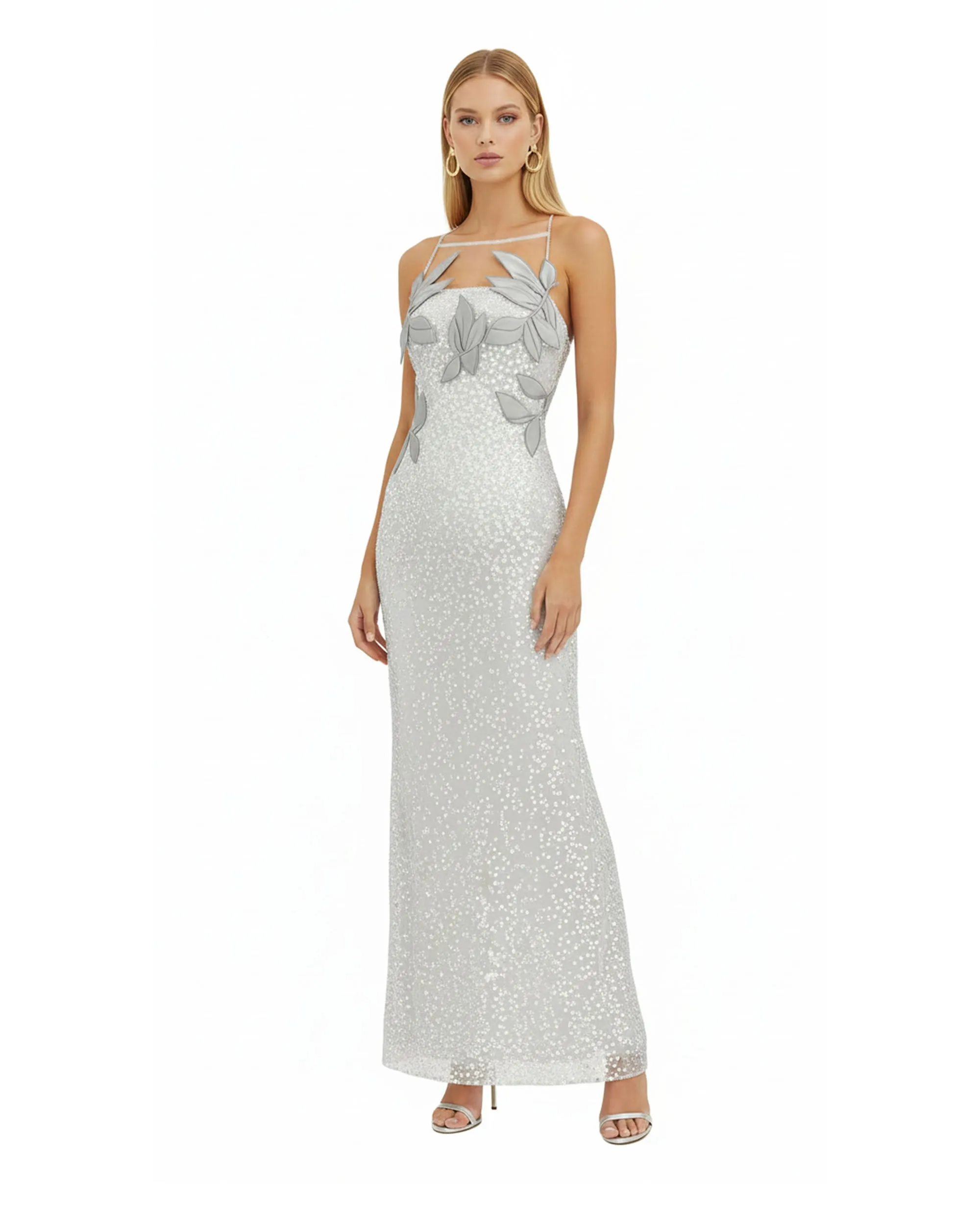 Araminta Sequined Gown with Floral Details - White/Silver sold by JW PEI