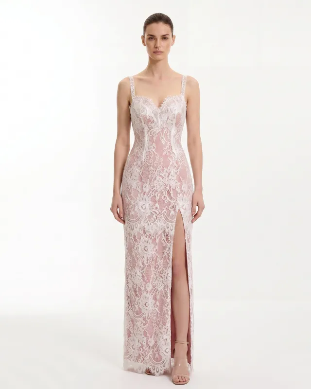 Floral Lace Slit Maxi Dress - Pink White made by JW PEI