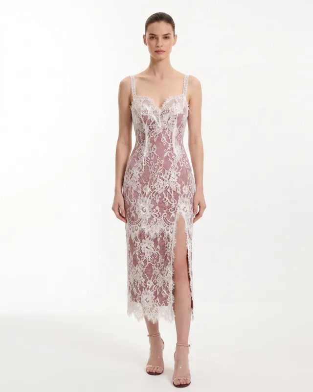 Lace Overlay Slit Dress - White Pink made by JW PEI
