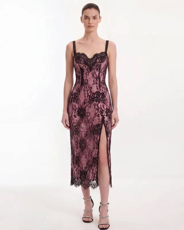 Lace Trim Slit Midi Dress - Pink Black made by JW PEI