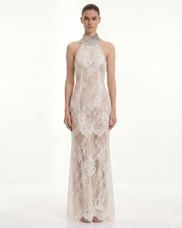 Jeweled Lace Halter Dress - White made by JW PEI
