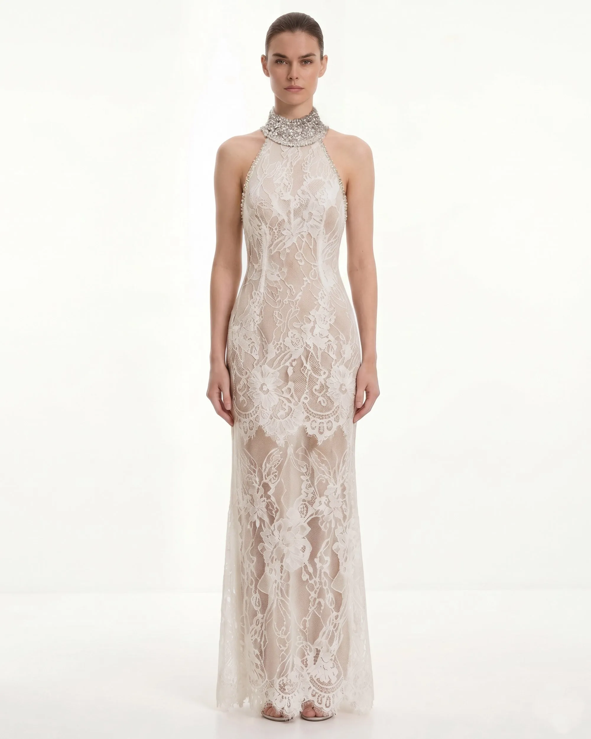 Jeweled Lace Halter Dress - White sold by JW PEI