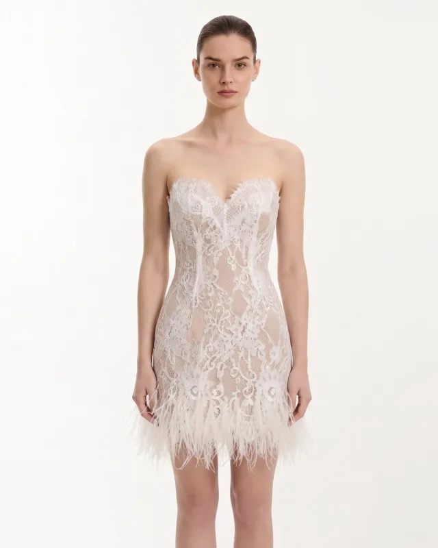 Strapless Lace Feather Trim Mini Dress - White made by JW PEI