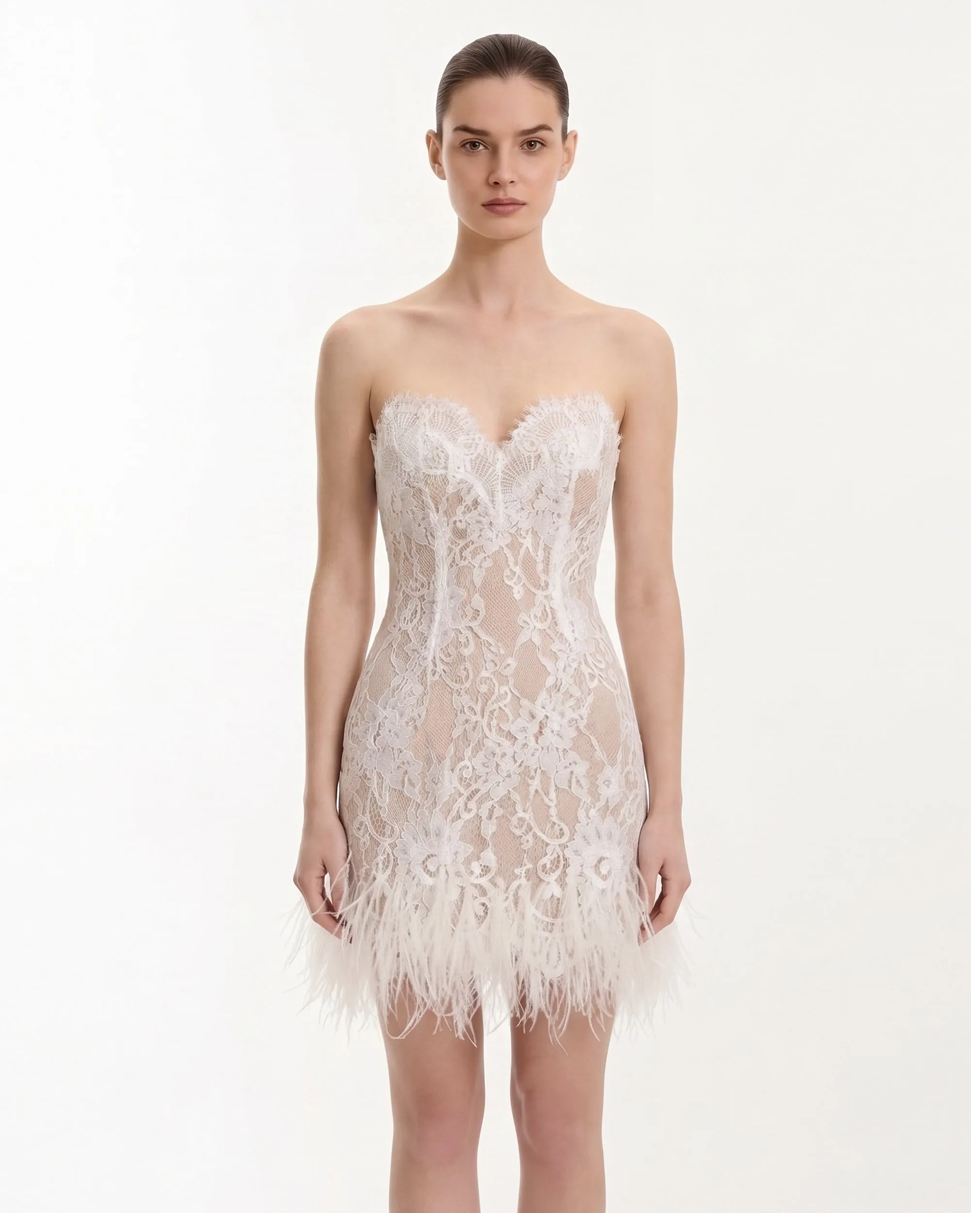 Strapless Lace Feather Trim Mini Dress - White sold by JW PEI