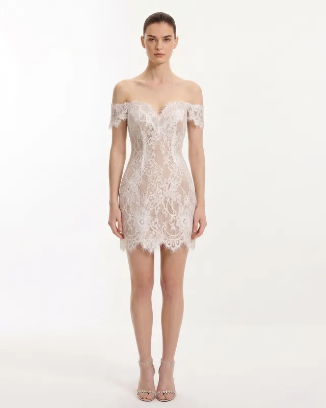Off Shoulder Lace Mini Dress - White made by JW PEI