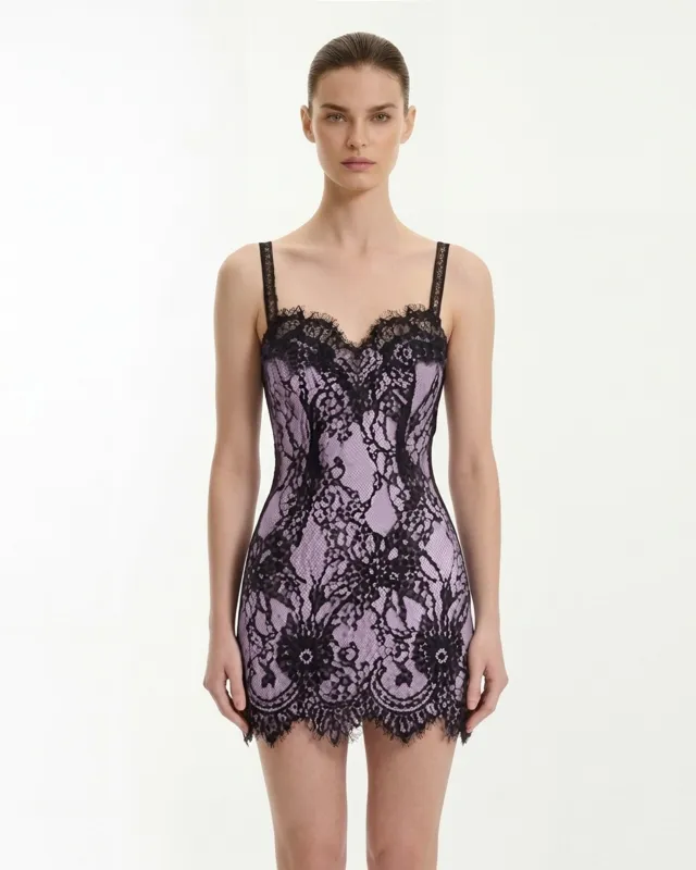 Eyelash Lace Bustier Bodycon Dress - Black/Purple made by JW PEI