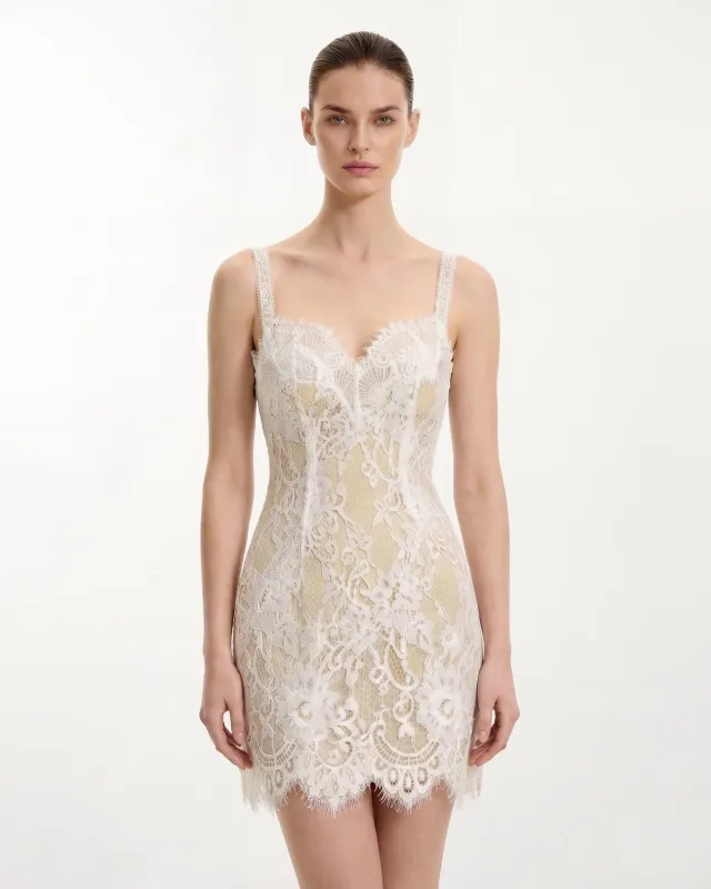 Eyelash Lace Bustier Bodycon Dress - White/Yellow made by JW PEI