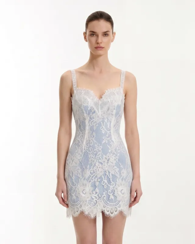 Eyelash Lace Bustier Bodycon Dress - Light Blue/White made by JW PEI
