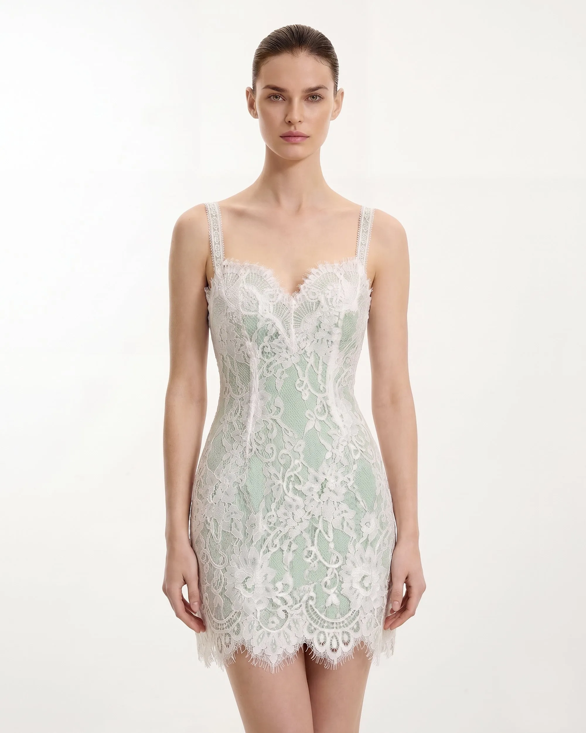 Eyelash Lace Bustier Bodycon Dress - White/Matcha Green sold by JW PEI