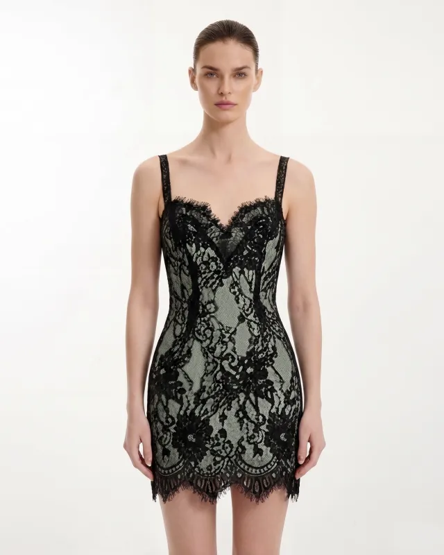 Eyelash Lace Bustier Bodycon Dress - Black/Matcha Green made by JW PEI