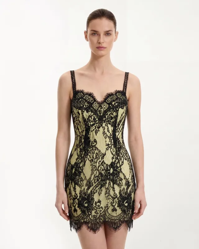 Eyelash Lace Bustier Bodycon Dress - Black/Yellow made by JW PEI