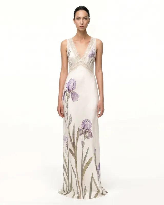 Lace-Detailed Floral Print Maxi Dress - Ivory Purple made by JW PEI
