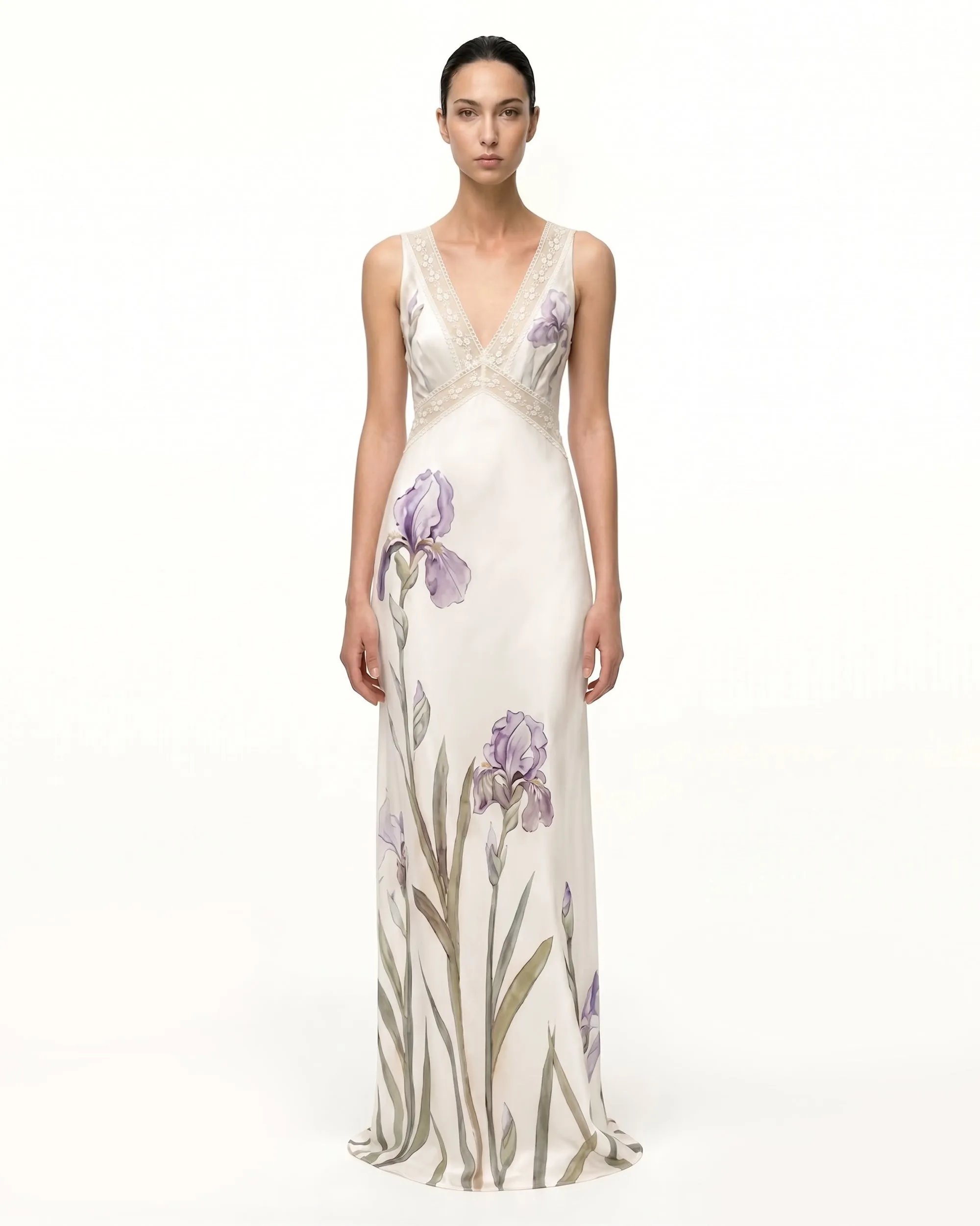 Lace-Detailed Floral Print Maxi Dress - Ivory Purple sold by JW PEI