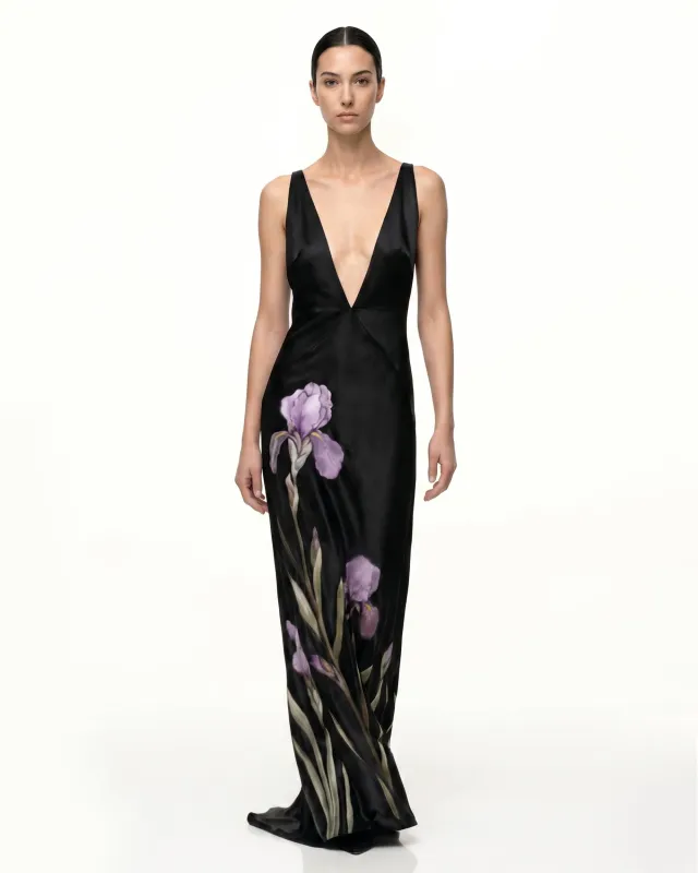 Floral Deep V Maxi Dress - Black made by JW PEI