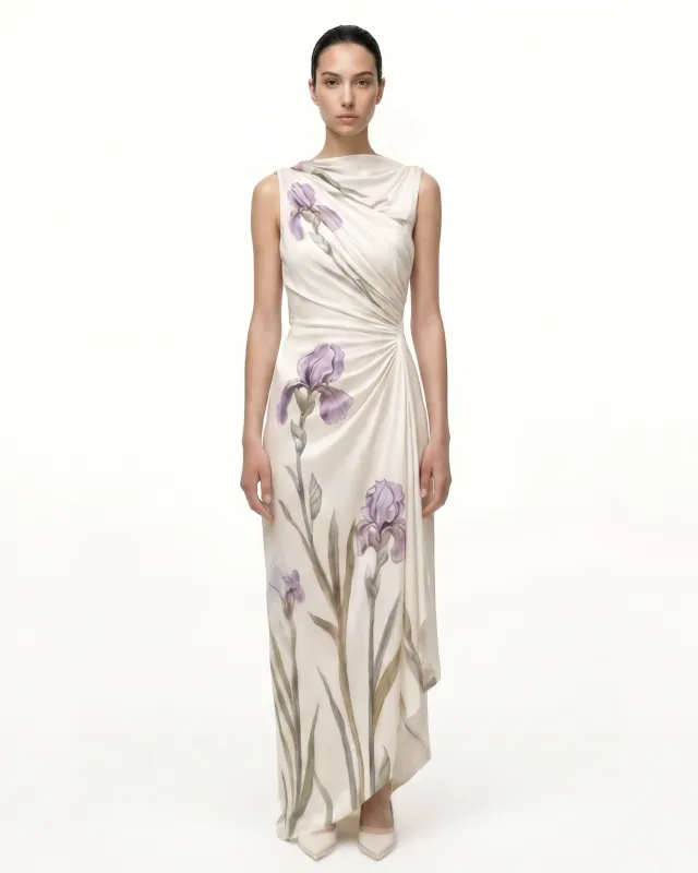 Asymmetric Floral Print Maxi Dress - Ivory Purple made by JW PEI