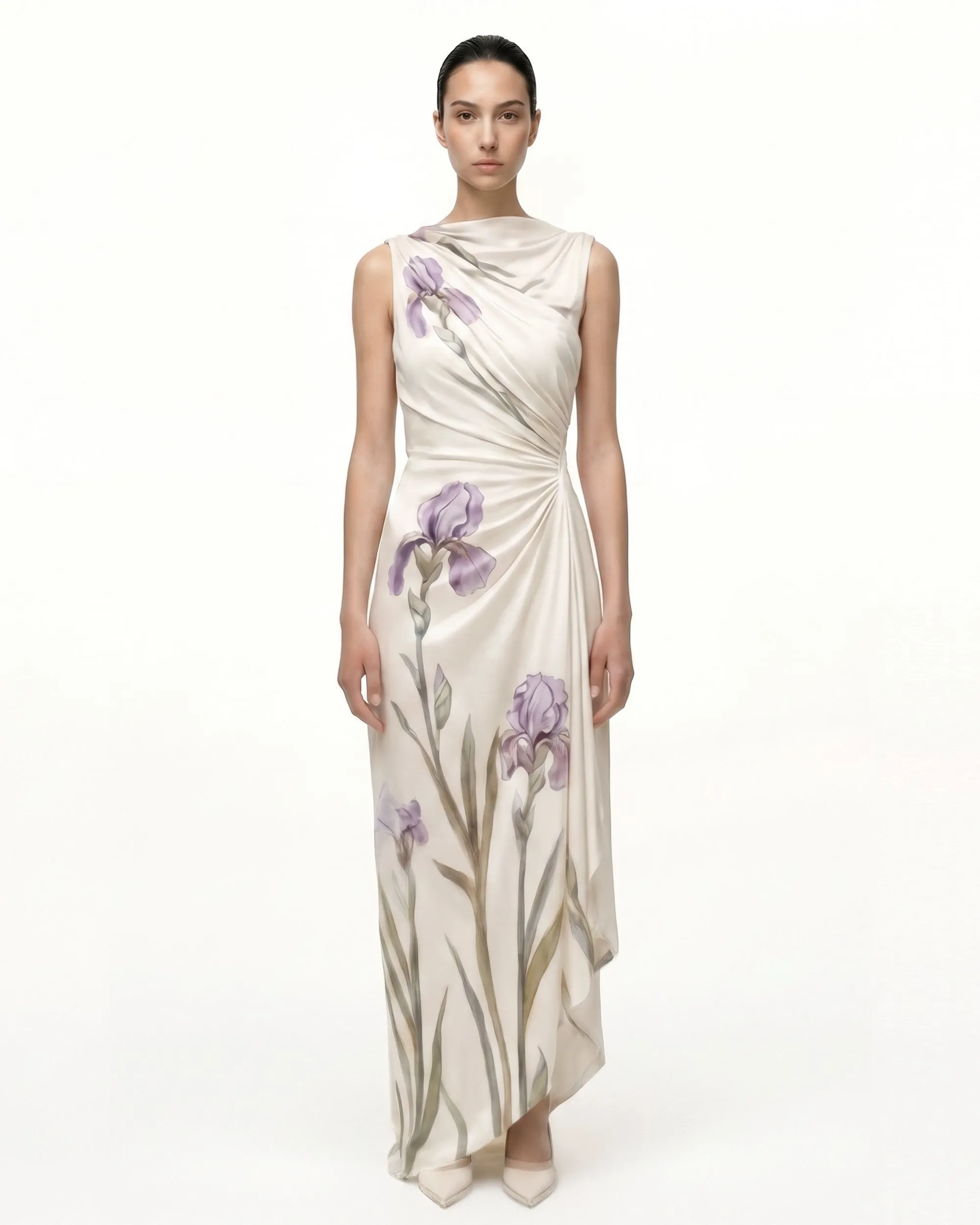 Asymmetric Floral Print Maxi Dress - Ivory Purple sold by JW PEI