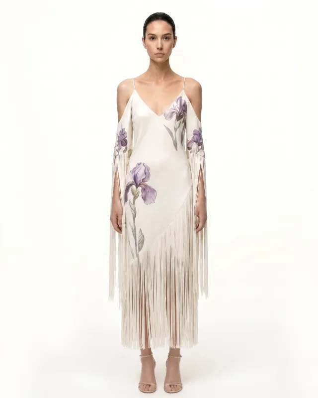 Floral Fringe Midi Dress - Ivory Purple made by JW PEI