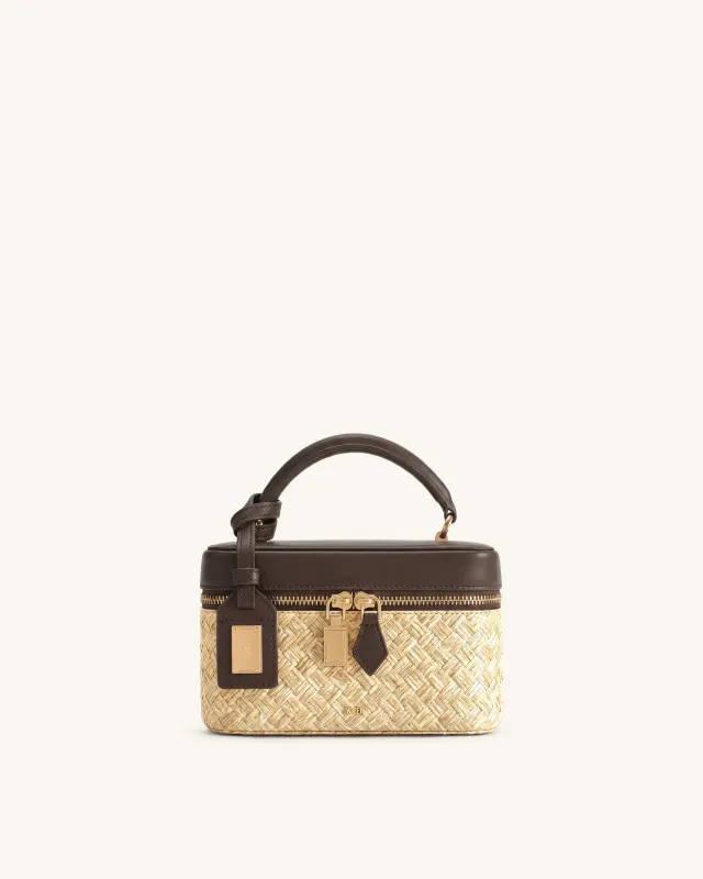 Cleo Faux Straw Box Shape Top Handle Bag - Brown made by JW PEI