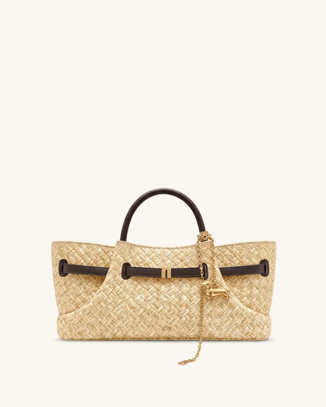 Maeve Faux Straw Dachshund Metal Charm Tote Bag - Brown made by JW PEI
