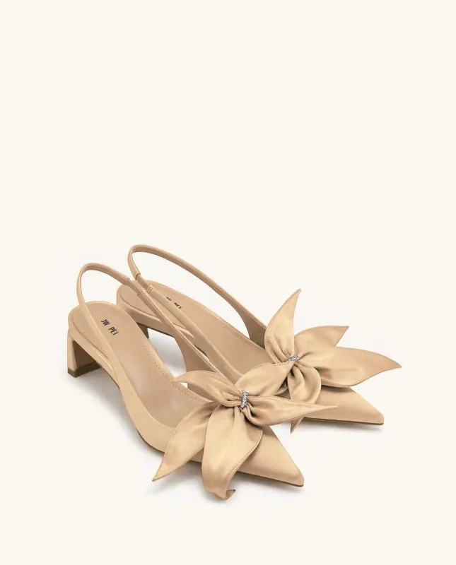 Queena Floral Appliques Slingback Pumps - Champagne made by JW PEI