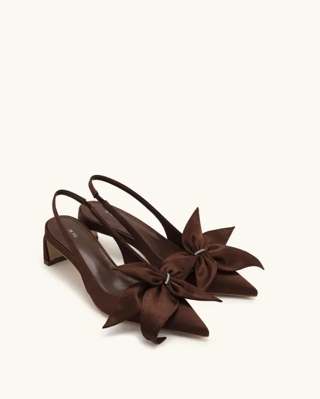 Queena Floral Appliques Slingback Pumps - Dark Brown made by JW PEI