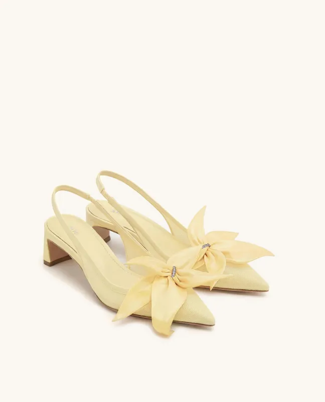 Queena Floral Appliques Slingback Pumps - Yellow made by JW PEI