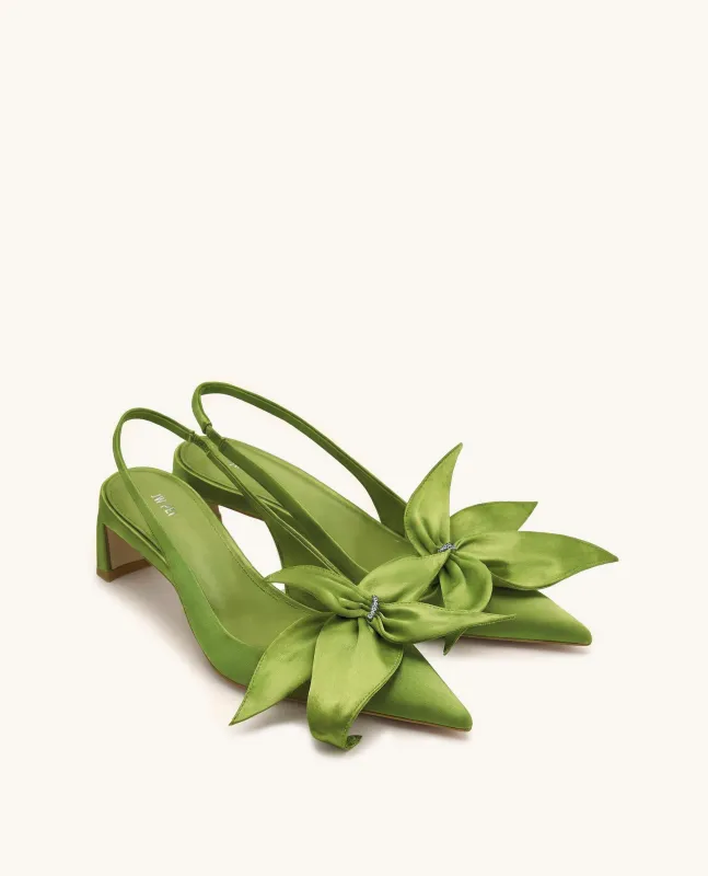 Queena Floral Appliques Slingback Pumps - Olive Green made by JW PEI