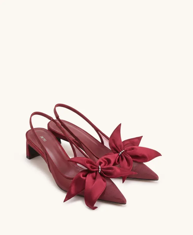 Queena Floral Appliques Slingback Pumps - Red made by JW PEI