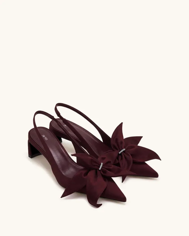 Queena Floral Appliques Slingback Pumps - Deep Burgundy made by JW PEI