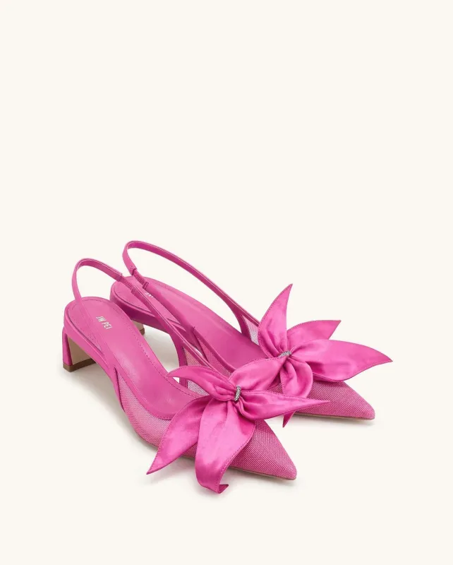 Queena Floral Appliques Slingback Pumps - Rose Pink made by JW PEI