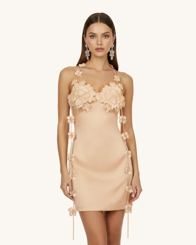 Floral Embellished Slip Mini Dress - Beige made by JW PEI
