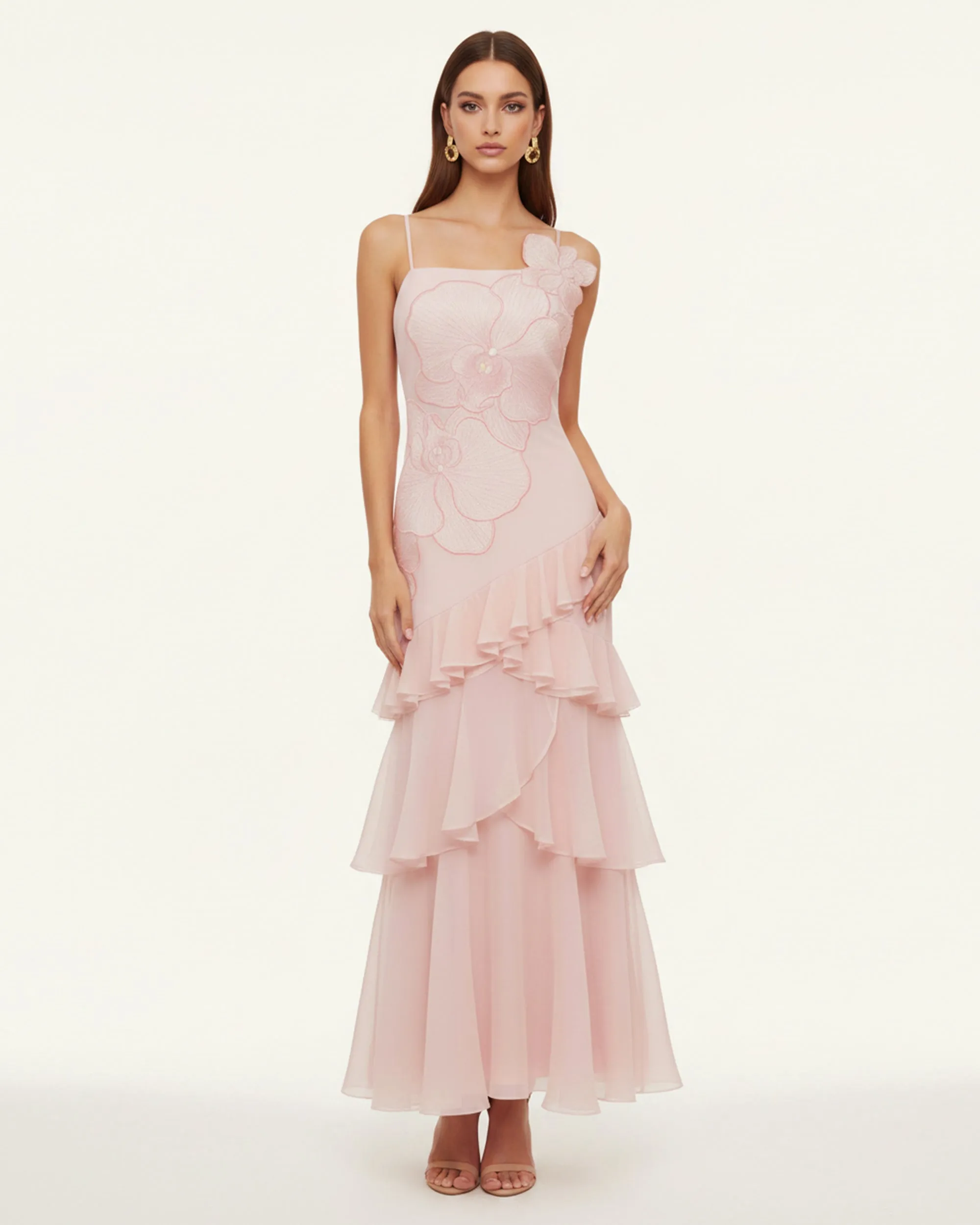 Orchid Embroidered Ruffled One-Shoulder Maxi Dress - Blush Pink sold by JW PEI