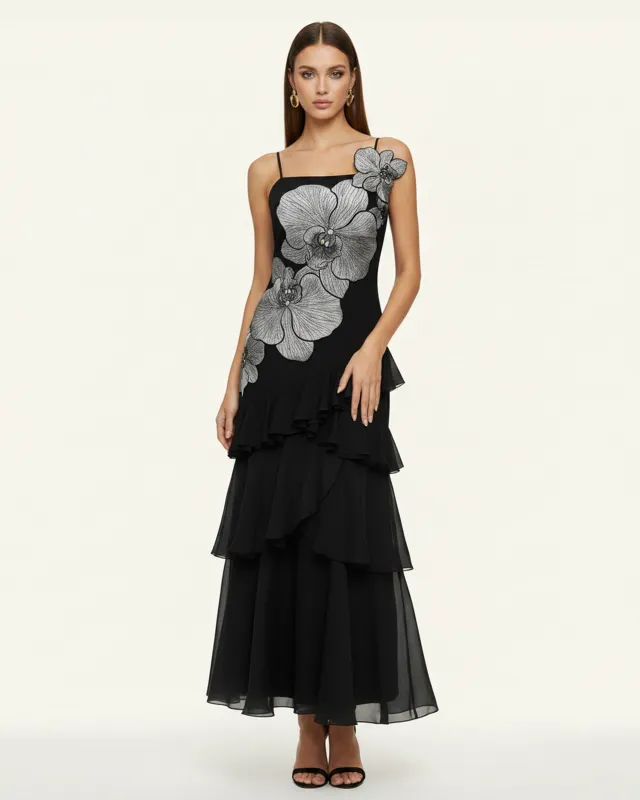 Orchid Embroidered Ruffled One-Shoulder Maxi Dress - Black made by JW PEI