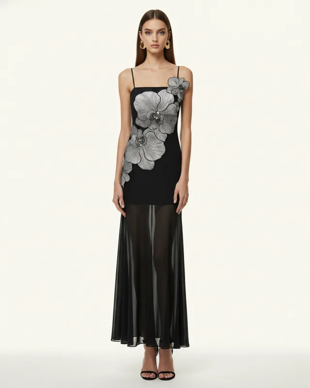 Orchid Embroidered Strappy Sheer Maxi Dress - Black made by JW PEI