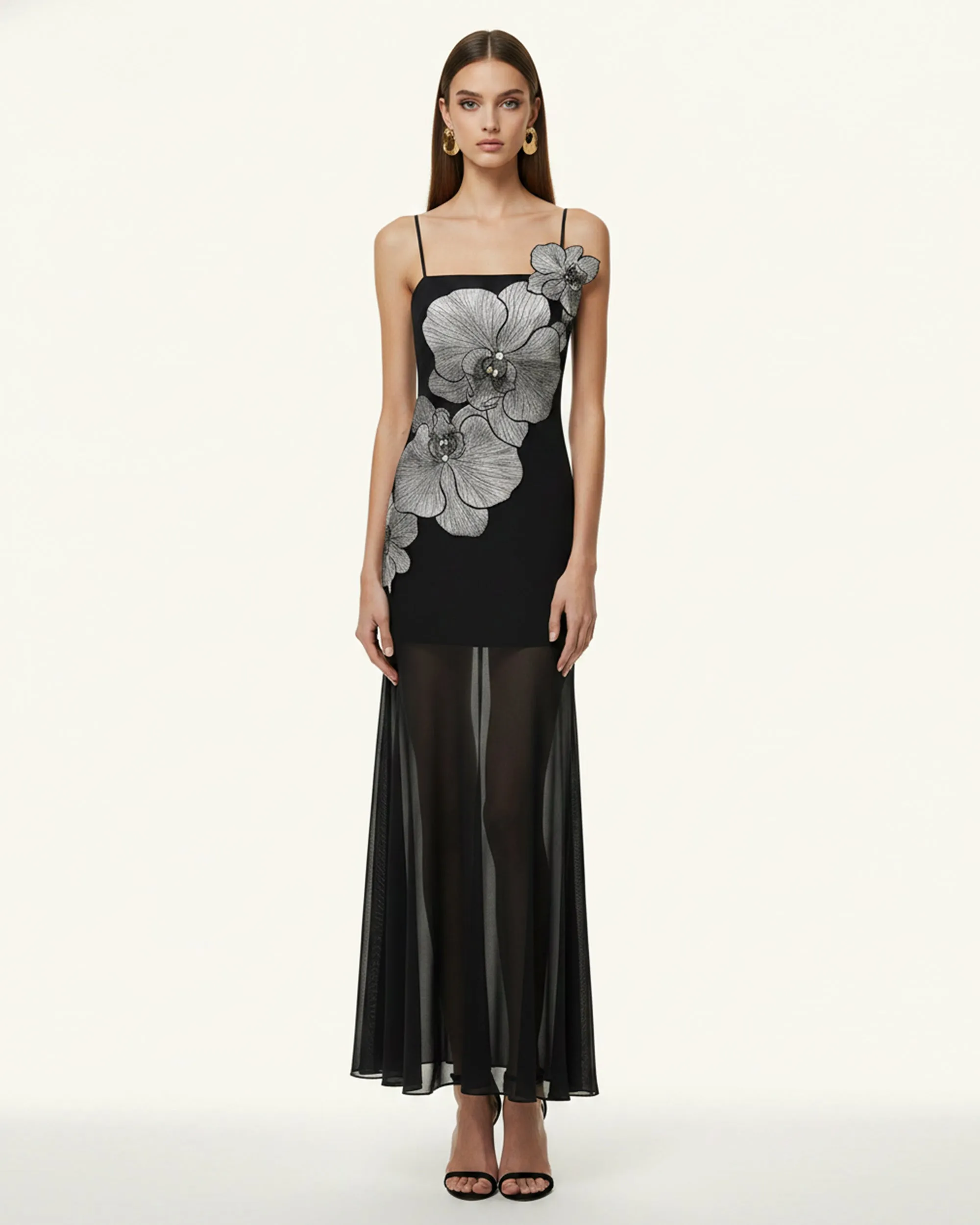 Orchid Embroidered Strappy Sheer Maxi Dress - Black sold by JW PEI