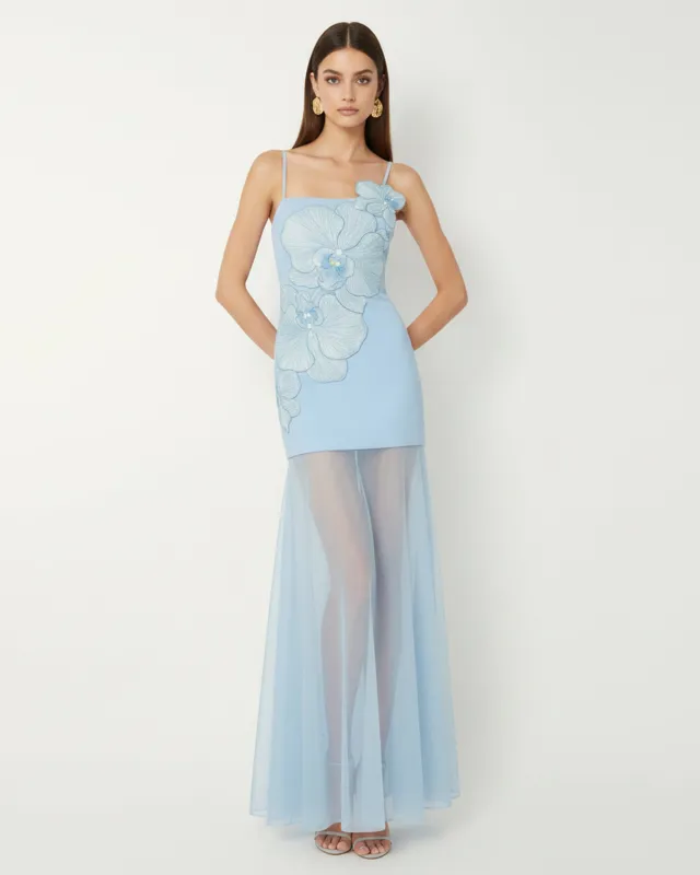 Orchid Embroidered Strappy Sheer Maxi Dress - Light Blue made by JW PEI