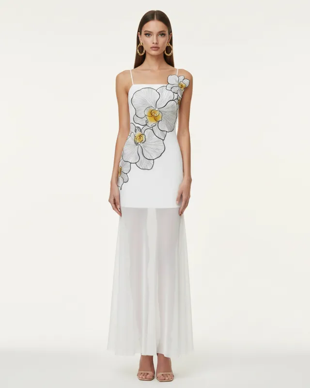 Orchid Embroidered Strappy Sheer Maxi Dress - White made by JW PEI