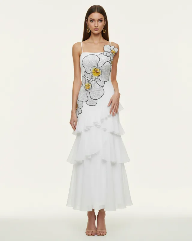 Orchid Embroidered Ruffled One-Shoulder Maxi Dress - White made by JW PEI