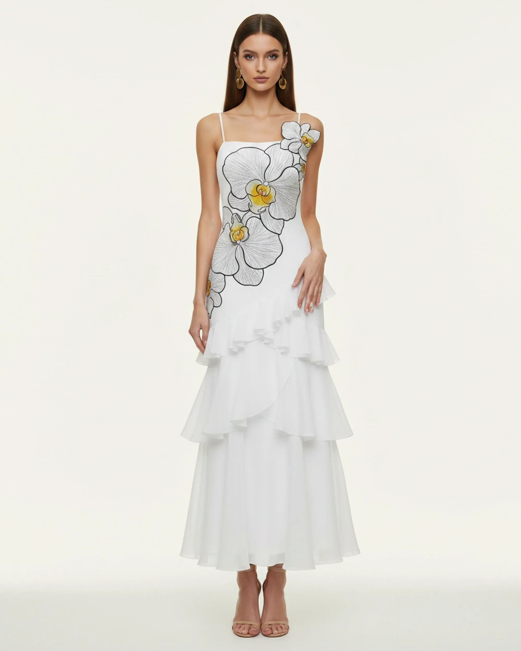 Orchid Embroidered Ruffled One-Shoulder Maxi Dress - White sold by JW PEI