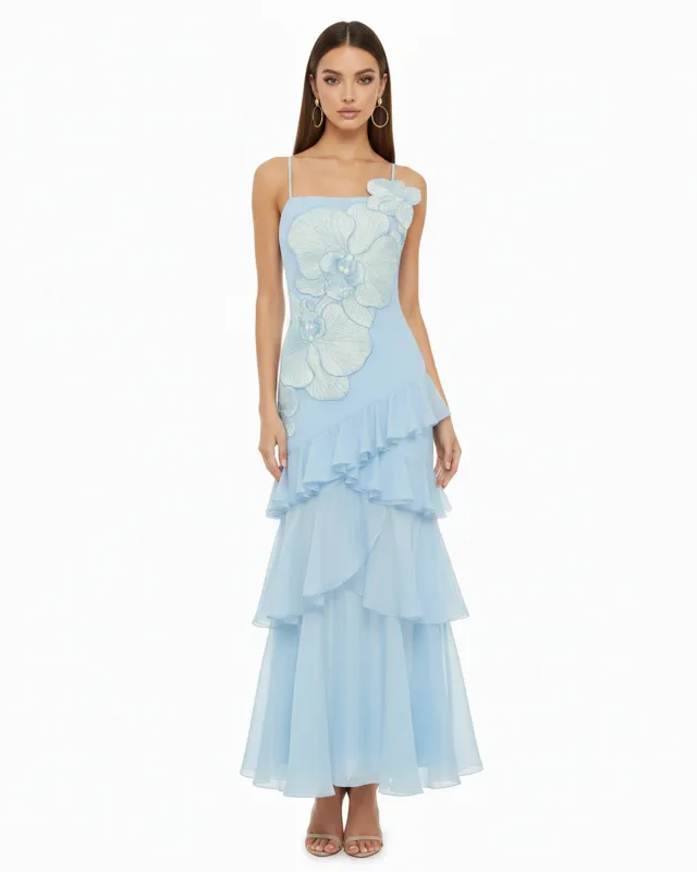 Orchid Embroidered Ruffled One-Shoulder Maxi Dress - Light Blue made by JW PEI
