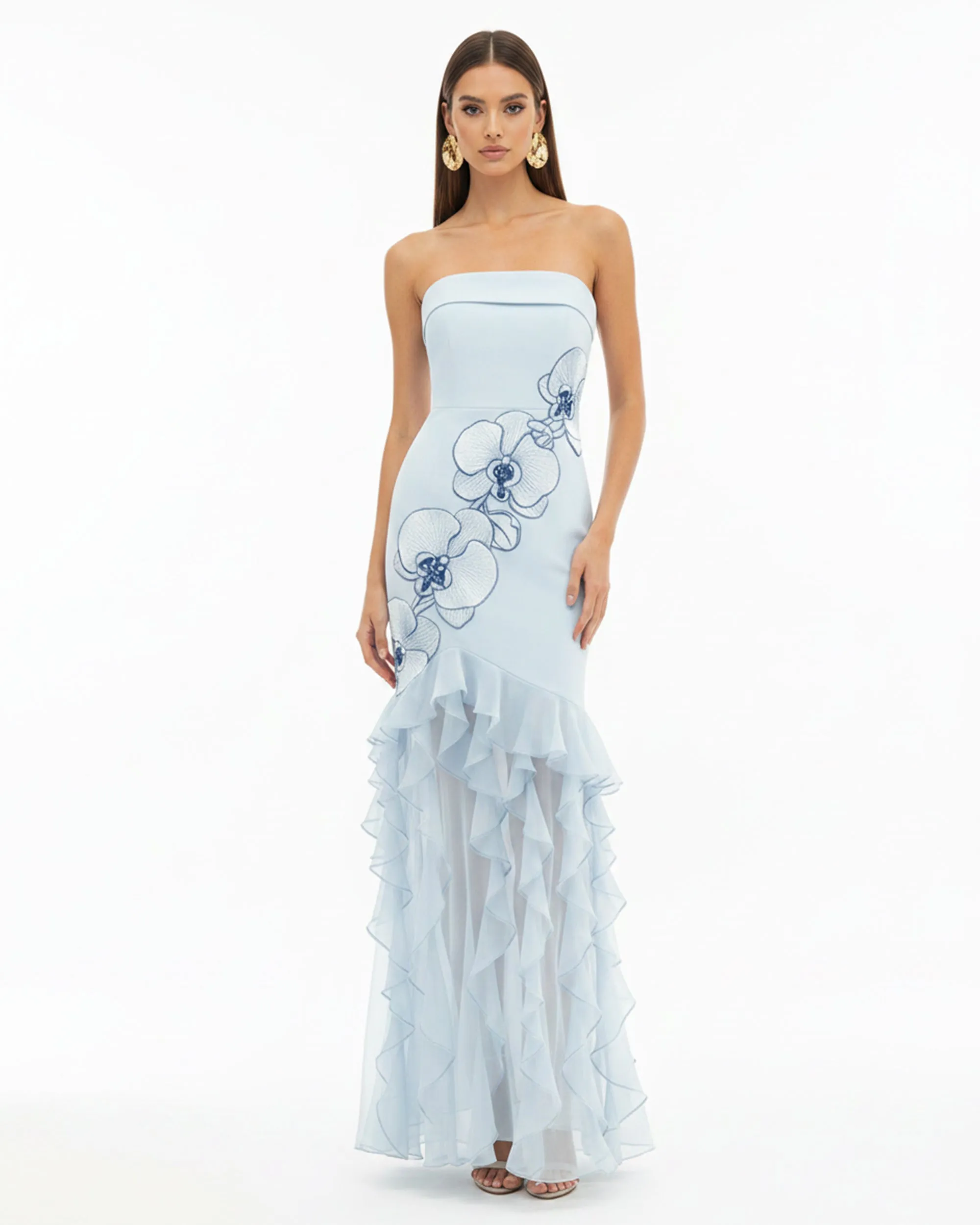 Orchid Embroidered Ruffled Strapless Maxi Dress - Light Blue sold by JW PEI
