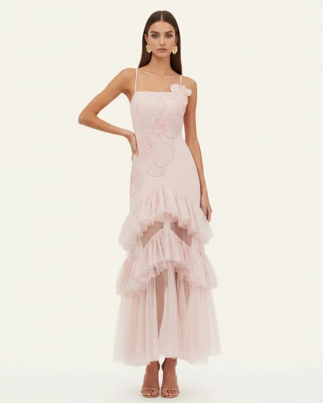 Orchid Embroidered Ruffled Tulle Strapless Maxi Dress - Blush Pink made by JW PEI