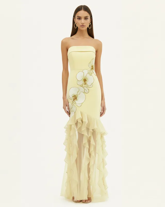 Orchid Embroidered Ruffled Strapless Maxi Dress - Pale Yellow made by JW PEI