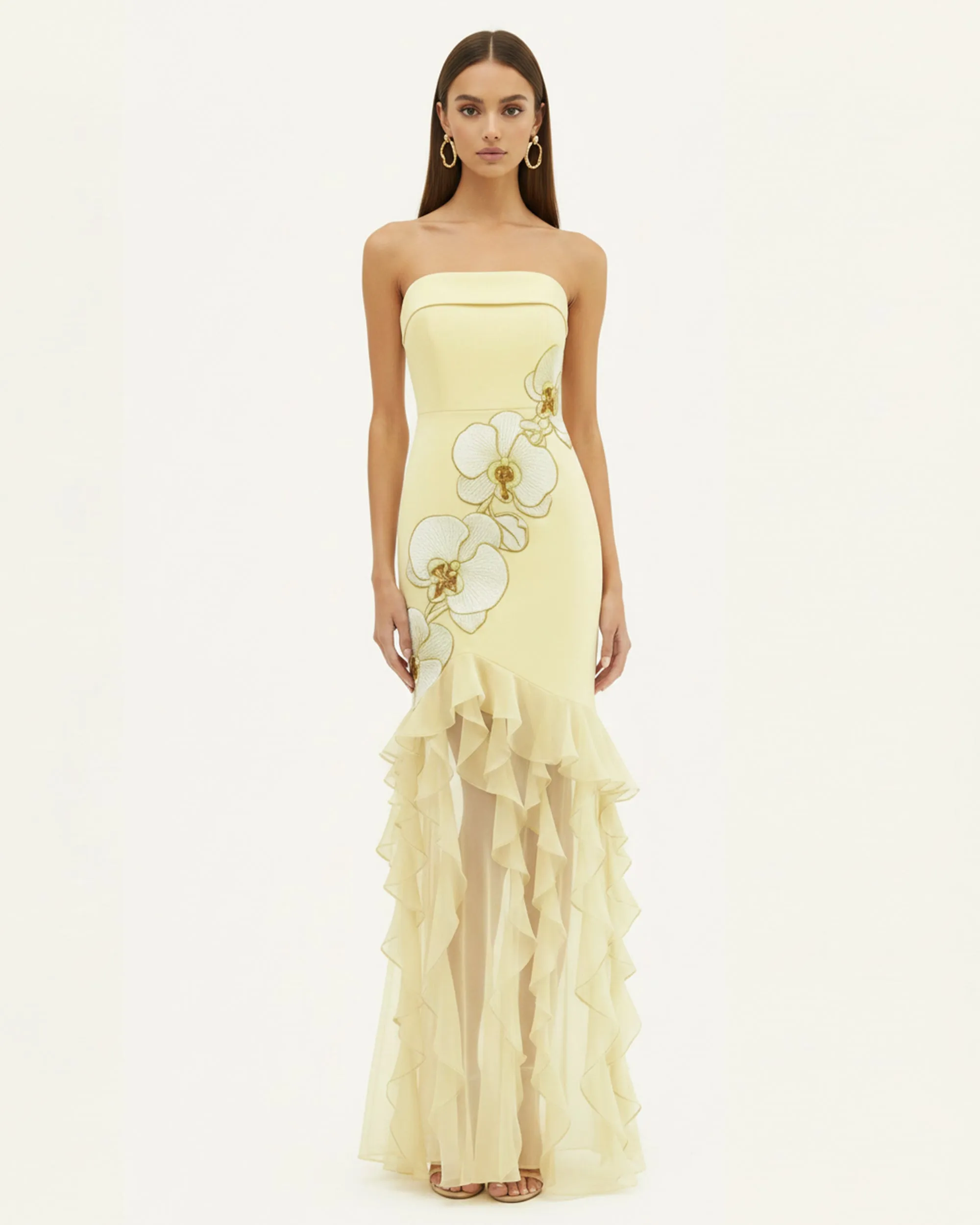 Orchid Embroidered Ruffled Strapless Maxi Dress - Pale Yellow sold by JW PEI