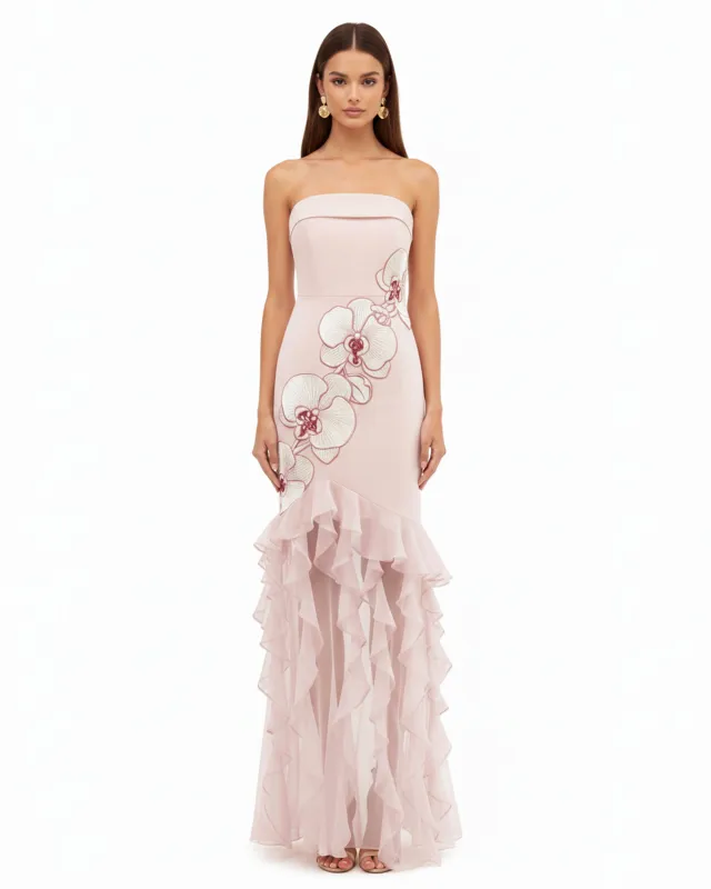 Orchid Embroidered Ruffled Strapless Maxi Dress - Blush Pink made by JW PEI